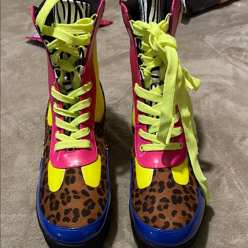 Cape Robbin Pink and Yellow Heeled Boots with Vibrant Design